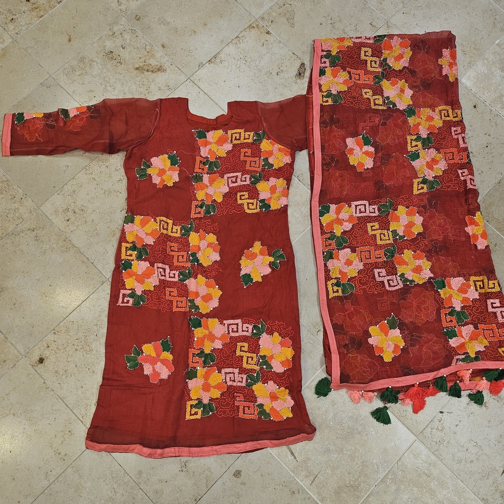 Red Floral Embroidered Dress with Matching Dupatta 2 piece suit set formal  wear